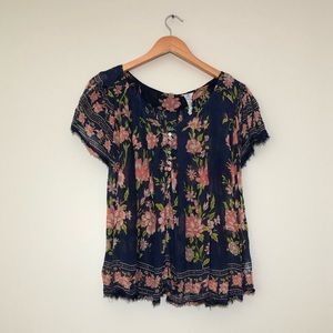 Free People One Gauzy Floral Peasant Top
